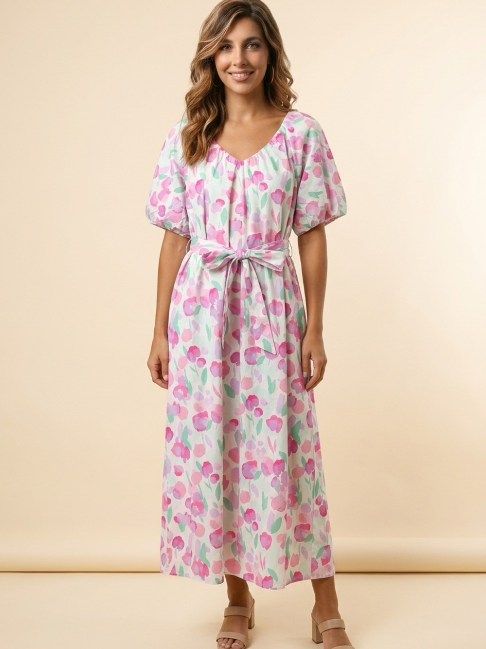 Easel Floral Tie-Waist Maxi Dress in Pink & Mint